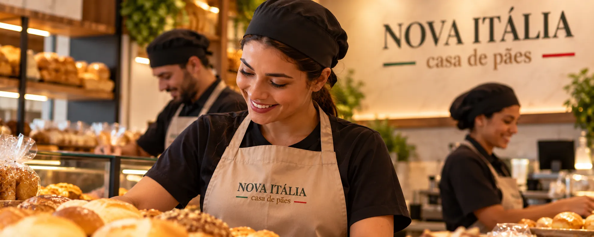Equipe da Nova Itália trabalhando na padaria, com aventais e a marca ao fundo